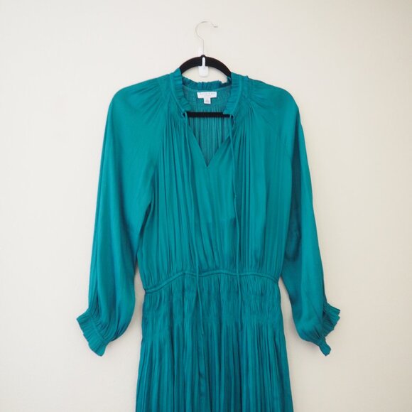 * Anthropologie Current Air Teal Satin Samantha Smocked Long Sleeve Mini Dress - Picture 5 of 11